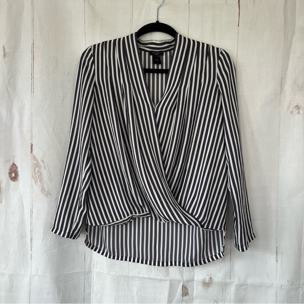 Ann Taylor Black and White Striped Wrap Blouse